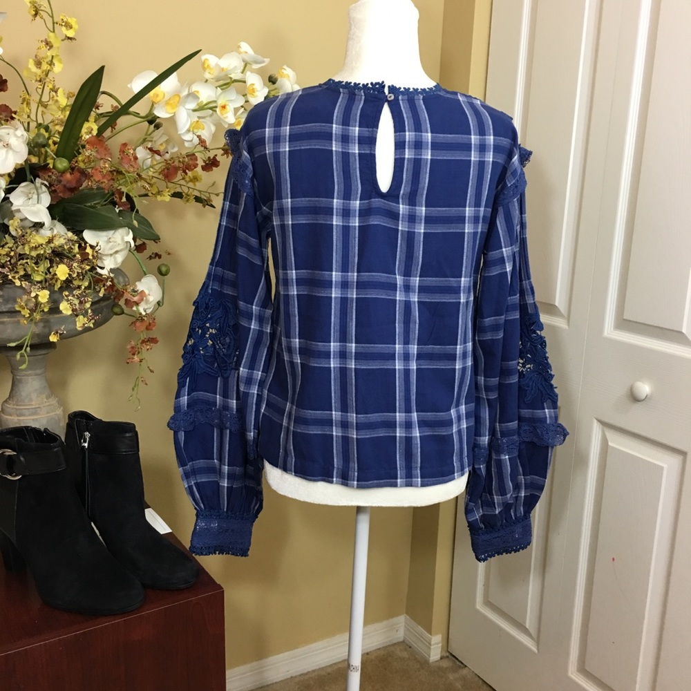 FREE PEOPLE‎ DARLING DIANA BLUE PLAID AND LACE LONG SLEEVE TOP Boho Chic - Picture 4 of 7
